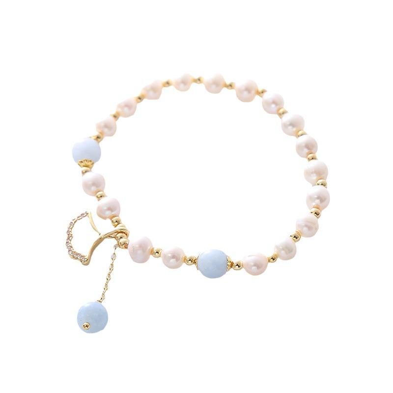 Women's Sea Blue Aquamarine & Pearl Bracelet with Ginkgo Leaf Pendant