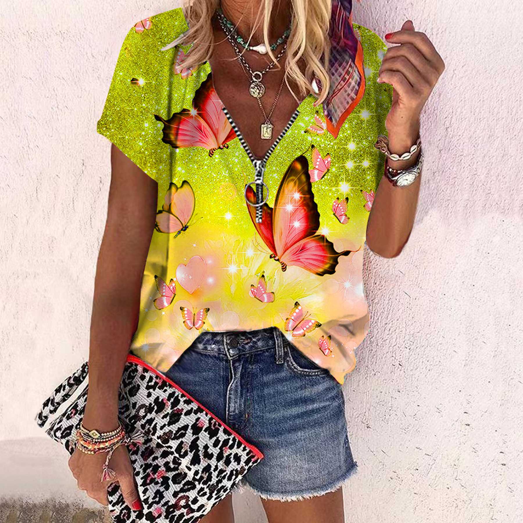 

Женский топ, летний новый модный топ с яркими бабочками и принтом розы, повседневный топ на молнии с v-образным вырезом и короткими рукавами 8XL жёлтый