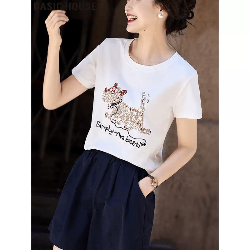 Basic House Women s Embroidered Round Neck Short Sleeve T-Shirt L