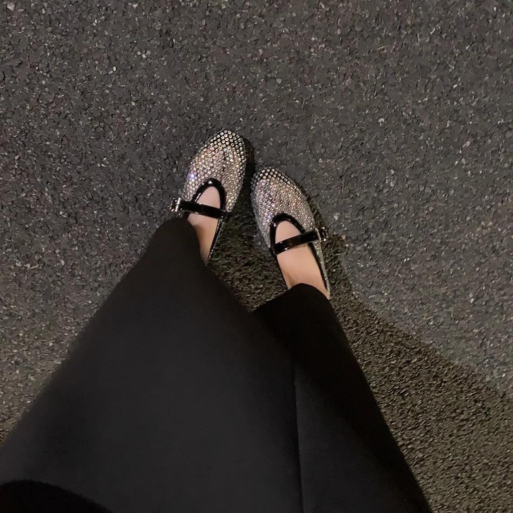 Sheepskin version~ One word with rhinestone mesh flat bottom Mary Jane single shoes women's ballet shoes dinner shoes