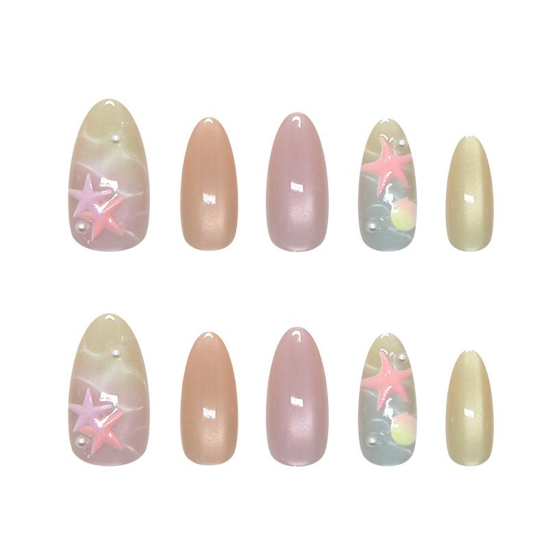 Seaside Sand Star Press On Nails Medium Almond Sweet Fresh For Ladies 30pcs Strip & Box