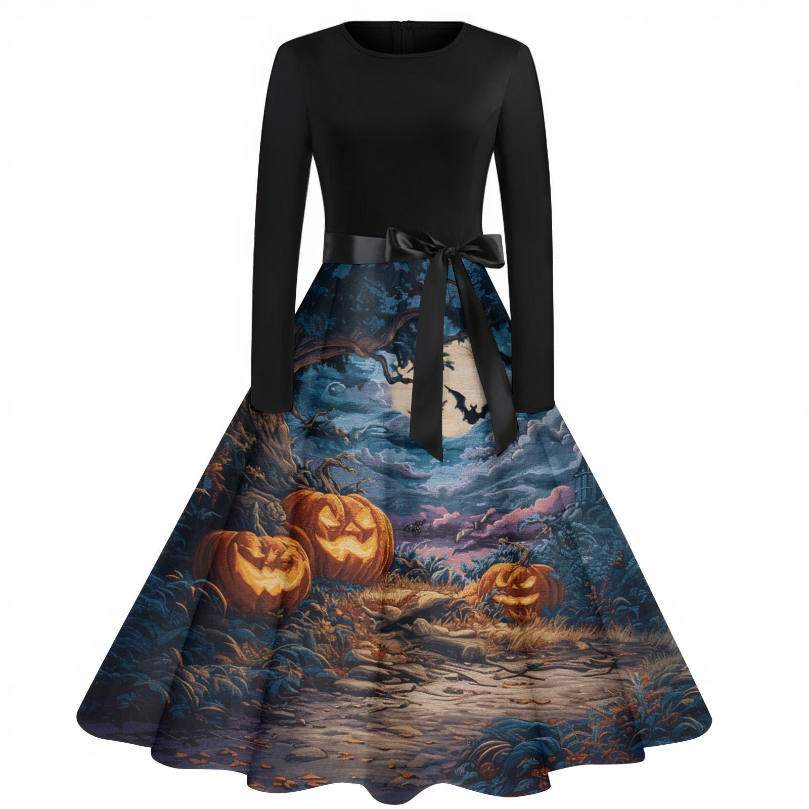 

Женское модное винтажное платье с длинным рукавом и круглым вырезом с принтом на Хэллоуин для вечеринки XL