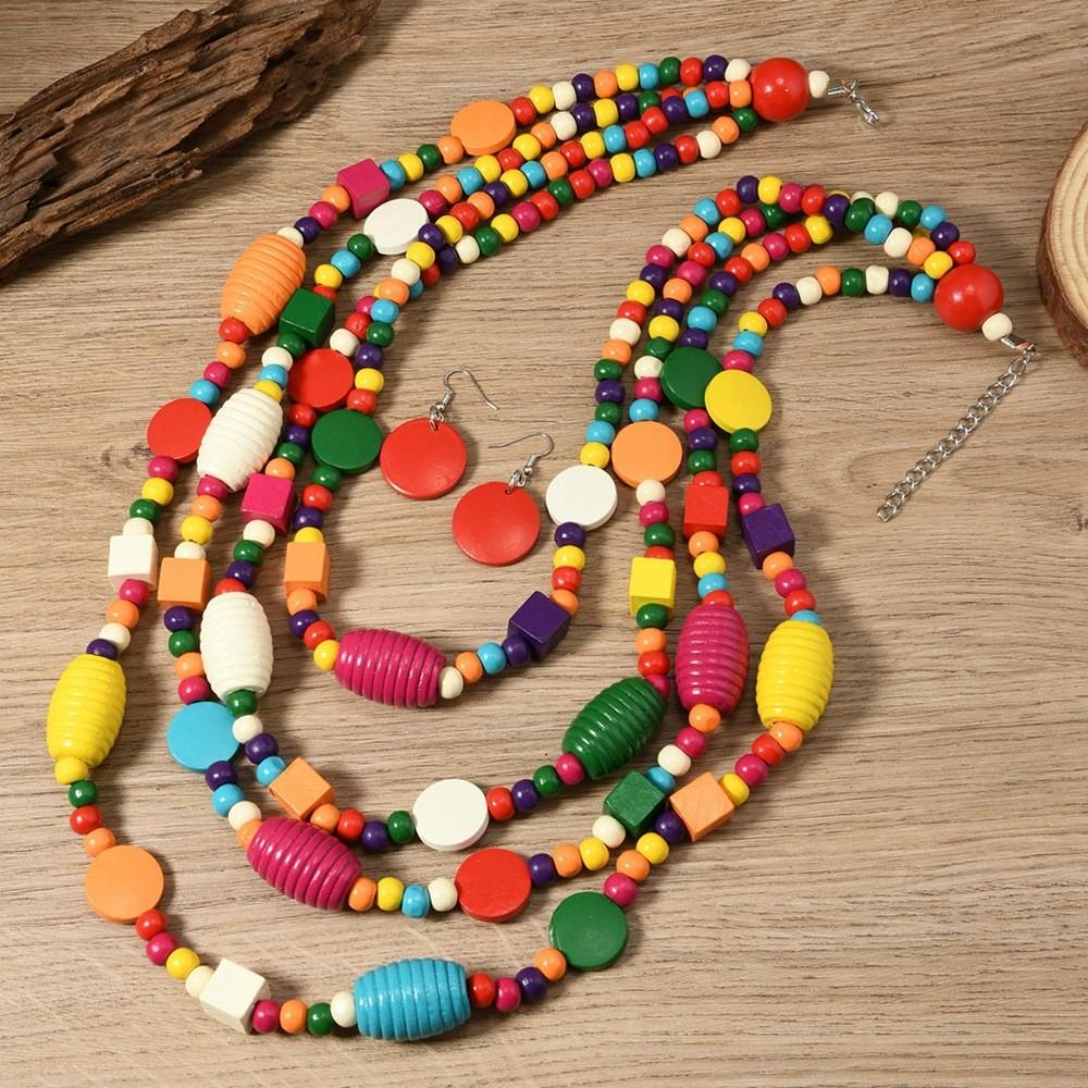 Bohemian Colorful Multilayer Wooden Beaded Necklace With Geometric Design For Women