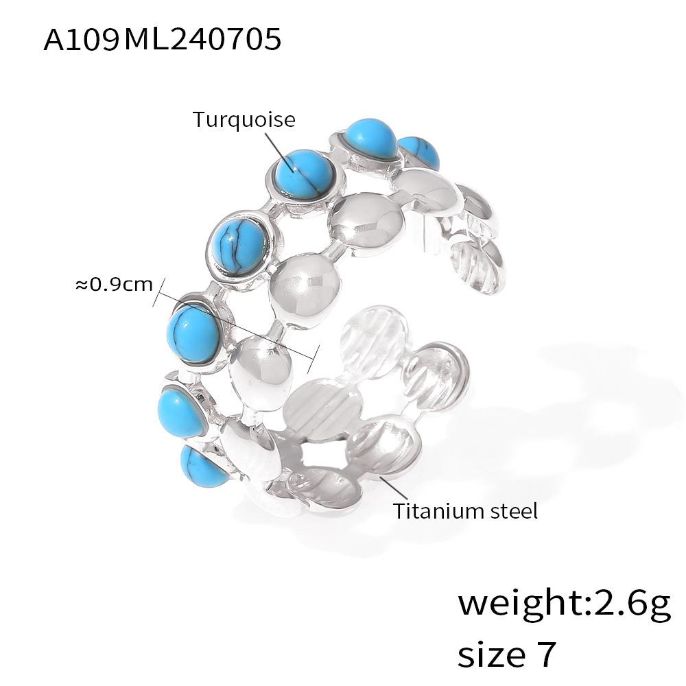 Inlaid Natural Blue Turquoise Beads Open Ring For Women Stainless Steel 18k Gold Plated Women's Finger Rings Vintage Female Ring