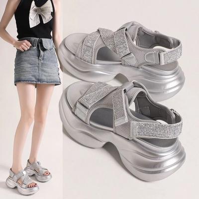 Sandales de sport à strass tendance pour femmes Chaussures Été Maille Semelle épaisse Chaussures de plage pour femmes Chaussures décontractées Sandales polyvalentes pour femmes