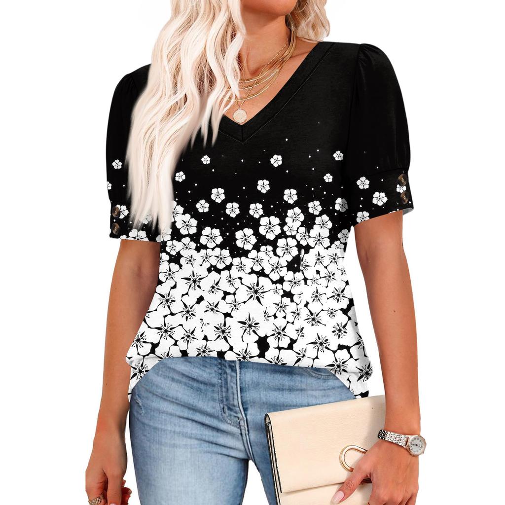 Womens Tops Short Sleeve Shirts Buttons V Neck  Fashion Outfits  Blouses  Casual