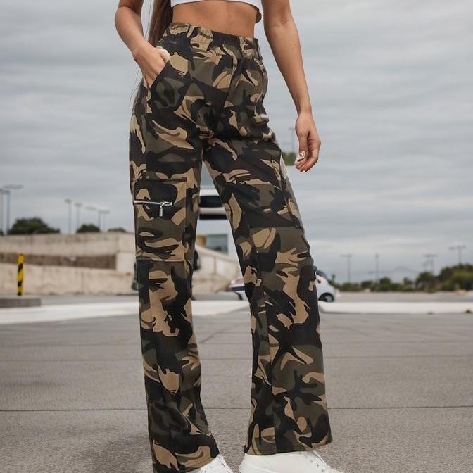 Women's Mid Rise Cargo Pants Loose Straight Trousers Camouflage Print Zip Pocket Streetwear Long Casual Pants