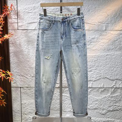 Spring Ripped Scar Repair Light Blue Stretch Jeans 8-point Men's Pants