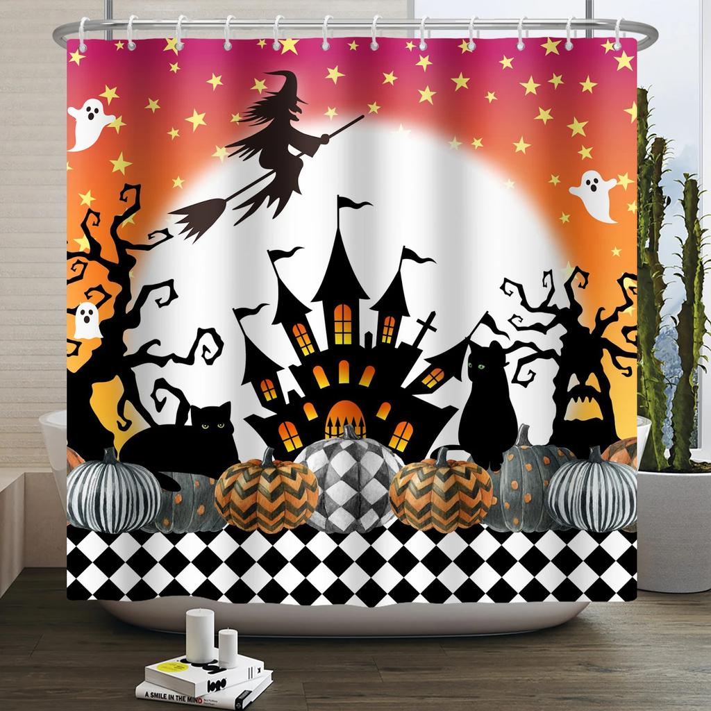 Halloween Shower Curtain Funny Horror Pumpkin Bat Cartoon Cat Happy Halloween Bathroom Curtain for Kids Waterproof Bath Curtain
