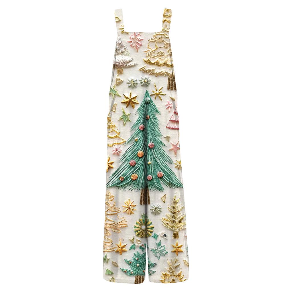 Women's Casual Jumpsuit Sleeveless Christmas Printed Cotton Jumpsuit