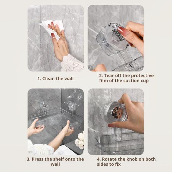 No-Drill Clear Wall Caddy Storage Rack with Suction Cup Triangular Compartments Strong Load-bearing Easy To Install Bathroom Corner Storage Shelf