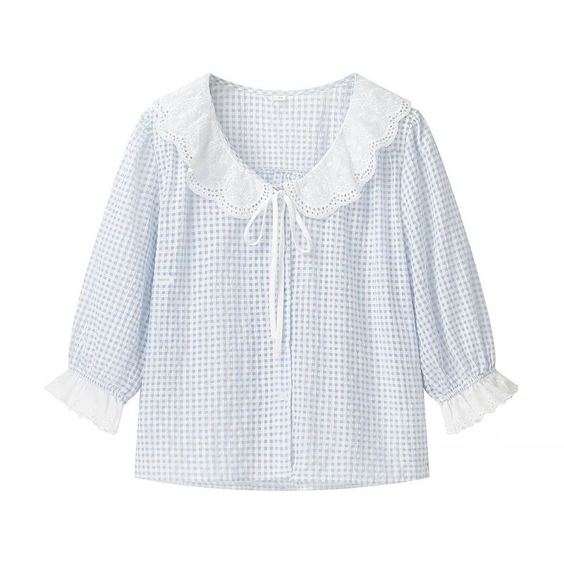 

Za Women clothes Spring New French style Sweet Style Fresh Puff sleeve Doll Collar Embroidery Plaid Shirts Top Blue L