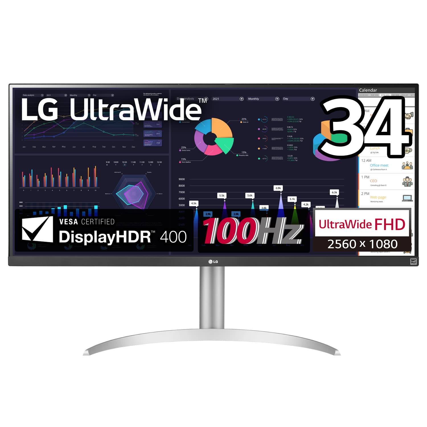 

LG Monitor Display 34WQ650-W 34 inches Flat Ultra Wide (2560 x 1080) IPS Matte 100Hz USB Type-C, HDMI, DisplayPort HDR Compatible Super