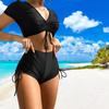 Solid Color Swimsuit Stylish Women's Summer Bikini Set with V-neck Top High Waist Drawstring Swimsuit 2 Piece Set for Beach