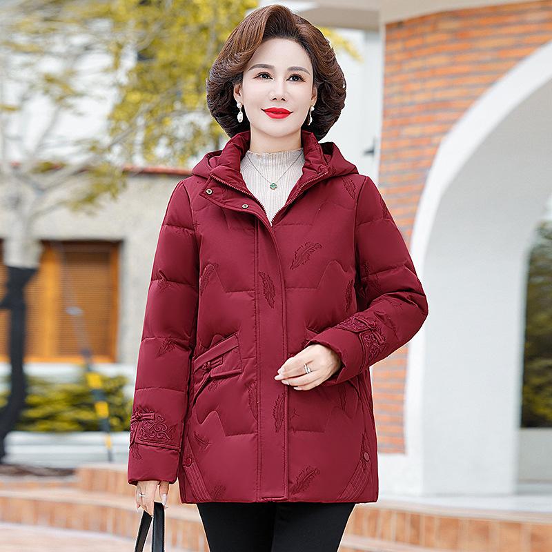 White Down Jacket for Middle-aged and Elderly Women, Plus-size Padded Hooded Loose Coat for Grandma In Her 60s.