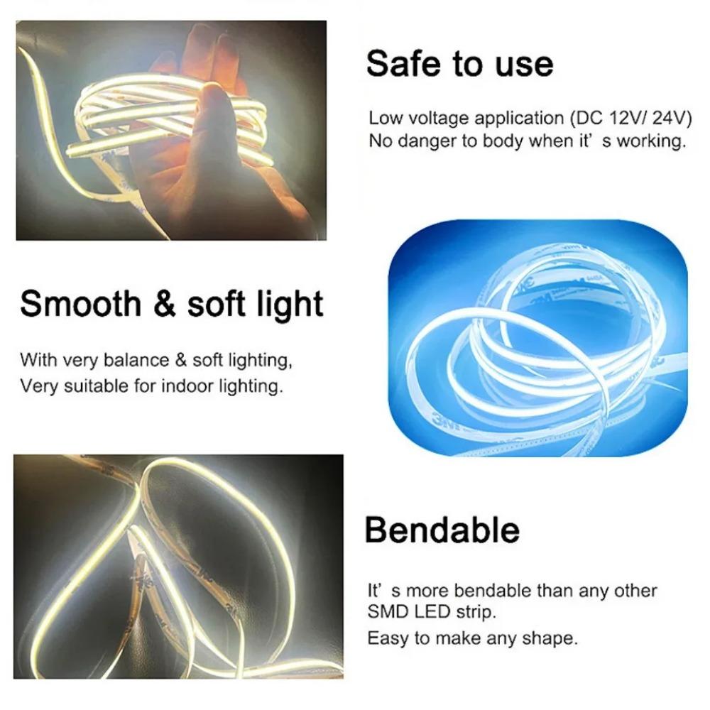 COB-LED-Streifenlicht, 320 480 LEDs/m, 16,4 Fuß, hochdichtes flexibles Bandband, 3000–6500 K, RA90-LED-Leuchten, DC12 V