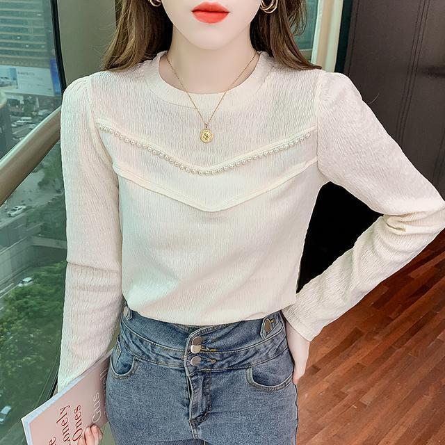 

Весенне-осенняя новая рубашка с круглым вырезом и бисером, пуловер, корейский однотонный топ с длинными рукавами S абрикосовый