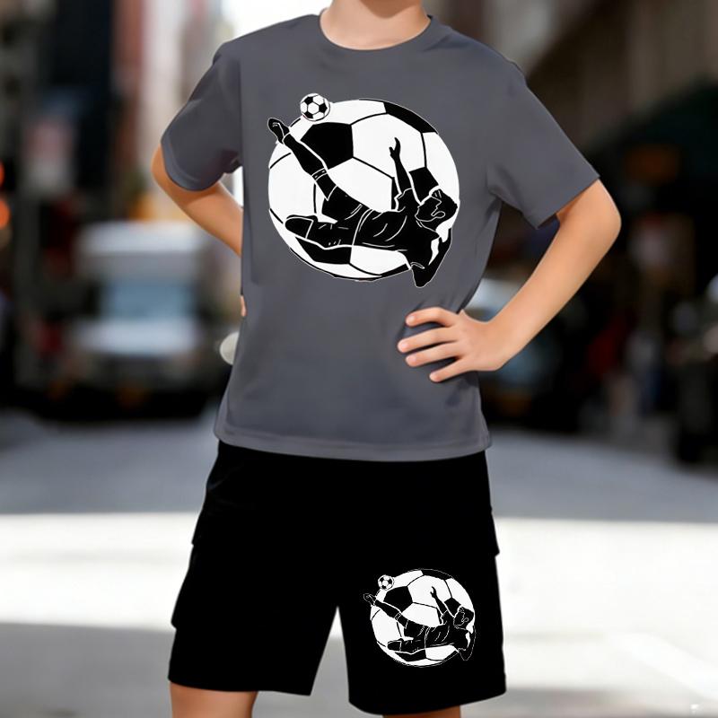 Boys 2 Piece Football Themed Print Outfit, Short Sleeve T-Shirt and Shorts Set for Kids Age 5-14,Black and White Sporty Casual Summer Clothes