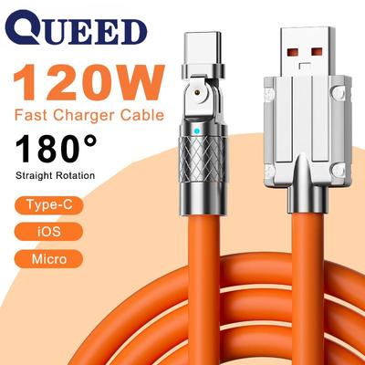 Das 180 ° USB-Kabel Typ C für schnelles Laden, 120 W, 6 A, Flüssigsilikonkabel, Kabel für Xiaomi, Huawei, Samsung, USB Bold, Datenübertragungsleitung