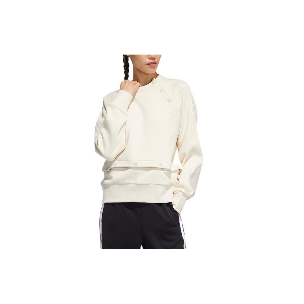 adidas Originals Solid Color Crew Neck Snap Sweatshirt Women Sweatshirt Yellow White HH9456