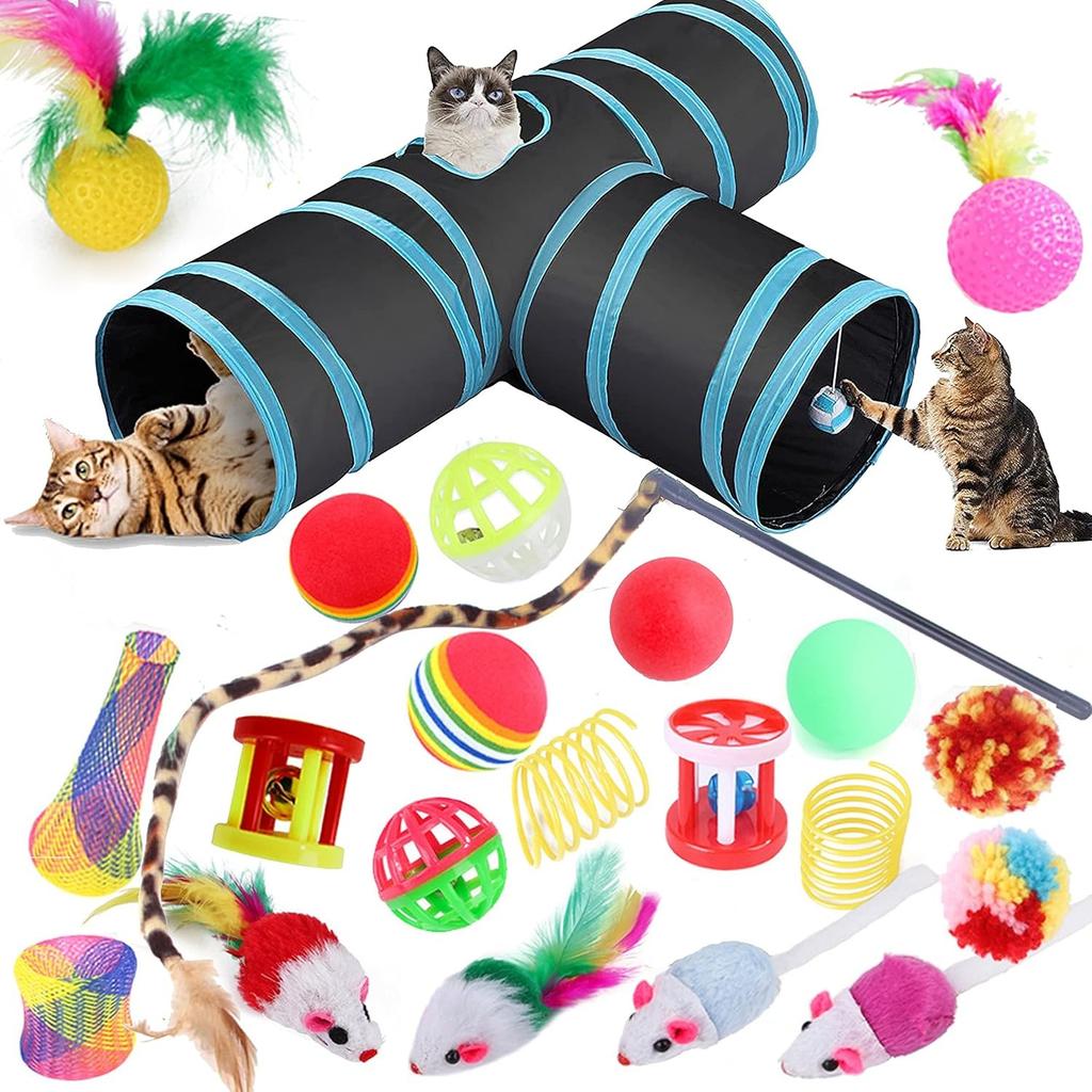 Speedy Panther 22 Pcs Cat Toys for Indoor Cats Adults Interactive Kitten Toys Cat Tunnel Mouse Feather Teaser Wand Spring Toy