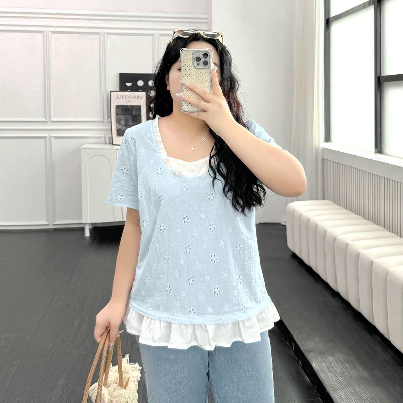

Plus Size Women s Clothing [Light Dream] Short-Sleeved Shirt Summer Plus Size Ladies Wooden Ear Embroidered Fancy Chic Shirt Light Blue 4XL([Recommended 77.50 kg-87.50 kg]])