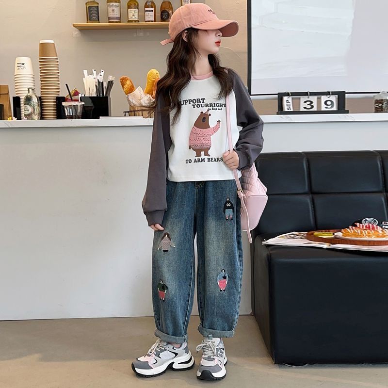 Girls' Jeans Dad's Pants Stylish Embroidery Straight Tube Radish Girls' Big Boys' Harem Pants