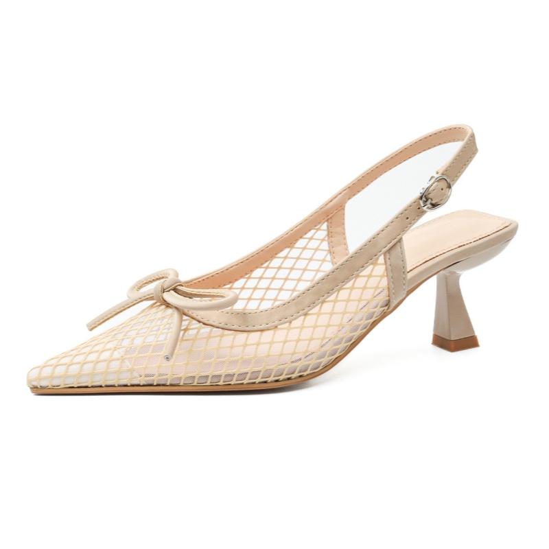 Fashion Fashion New Style Elegant Mesh Breathable Heeled Sandals Summer Pointed Toe Bowknot Mule Shoes Designer Luxury Women Sandals