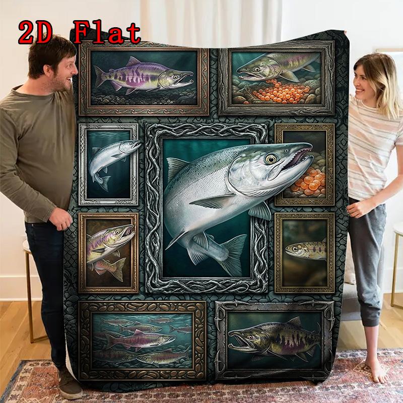 Salmon Collection 2D Flat Pattern Flannel Blanket, High Quality All Seasons, Home Decor, Warmth and Comfort, Perfect for Christmas Gifts.