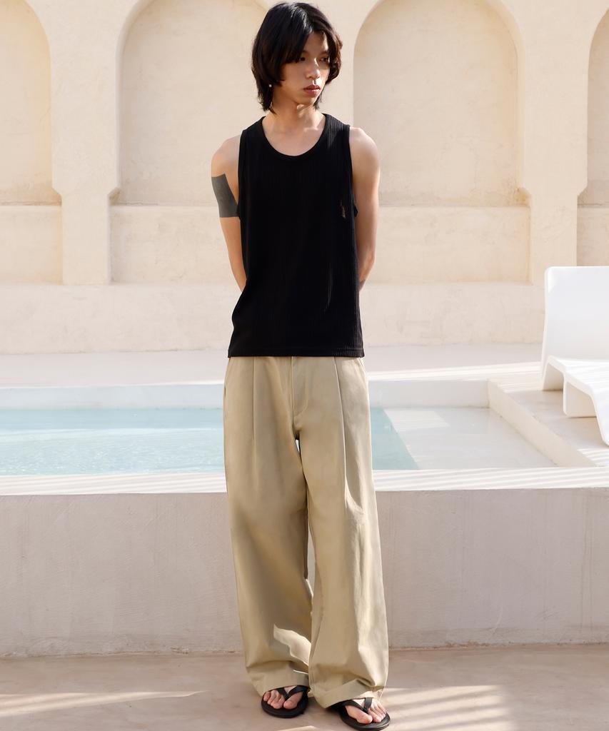SIGNATURE One-Pleat Wide Cotton Pants [Beige]