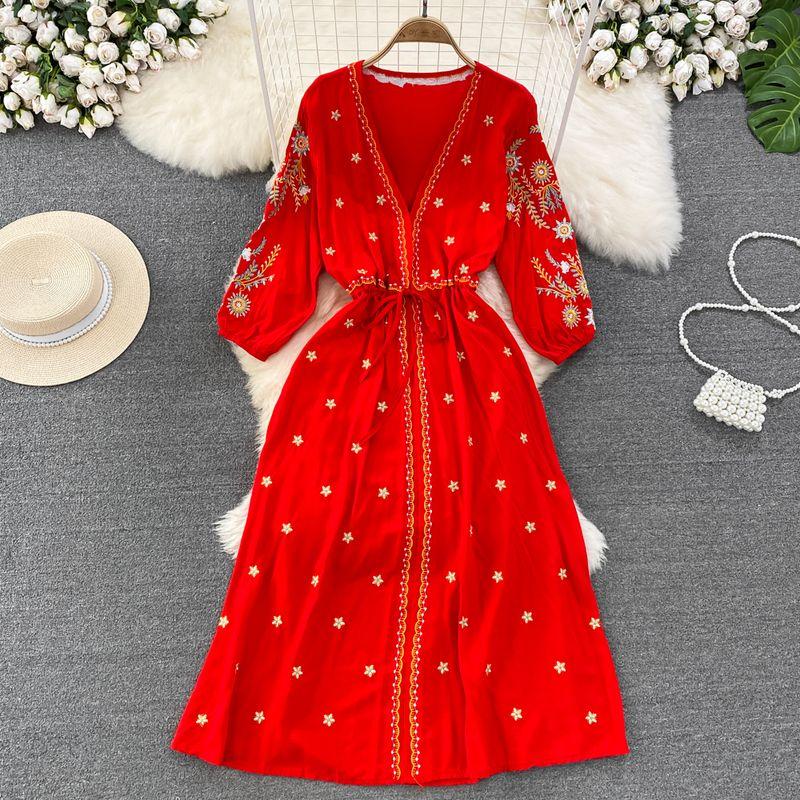 

Ethnic Style Yunnan Travel V Neck A- line Dress Embroider Red All yards