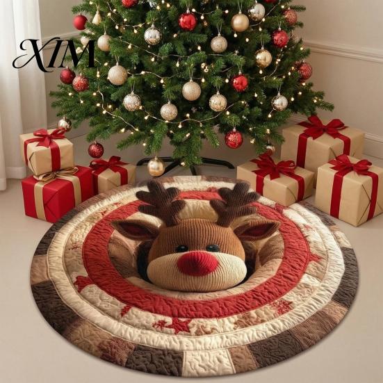 Holiday Party Floor Decoration Christmas Round Rug, 3D Illusion Mat, Winter Carpet, Soft Gnome Deer Crystal Velvet Mat Santa House Festive Rug