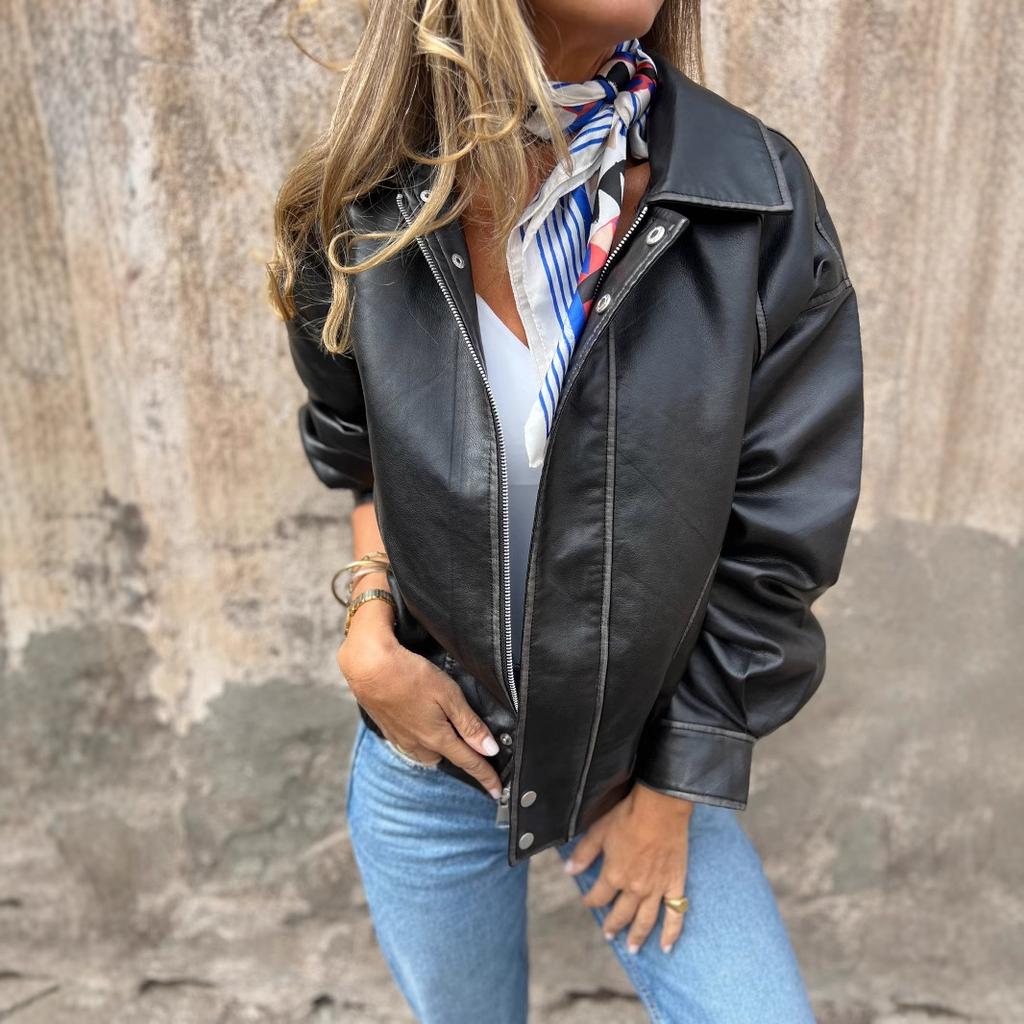 Women Autumn Winter Casual Long Sleeve  Zip Pu Motorcycle Jacket Coat with Packet