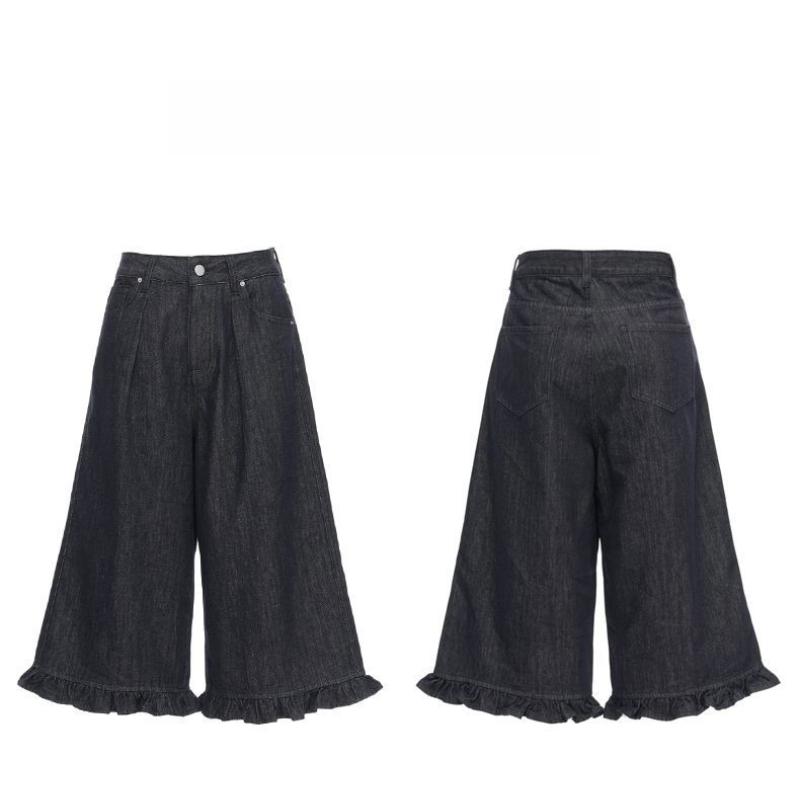 Fashion Summer Lace Rivet Detailed Designer High Waist Wide Leg Straight Versatile Slimming Denim Cropped Capri Pants