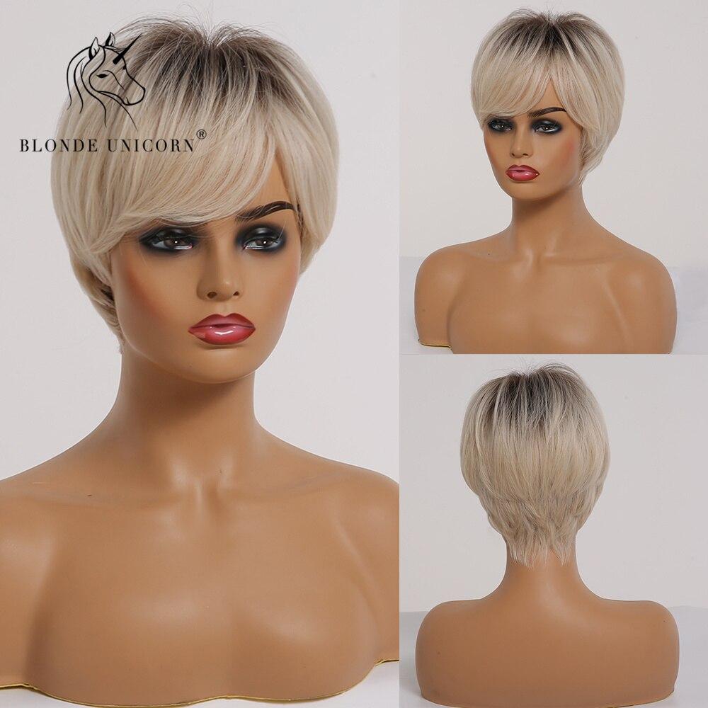BLONDE UNICORN Blcak Wig Short Bob Wig Synthetic Natural Pixie Cut Hair Wigs Daily Party Use For Women Heat Resistant Fiber
