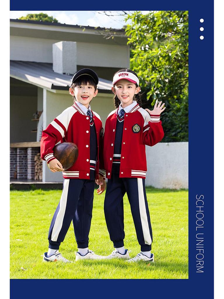Spring-Autumn Academy-Style Navy Blue Kindergarten & Primary School Baseball Jacket Set