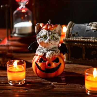 Vivid Cute Halloween Cat Pumpkin Statue Handmade Decorative Pumpkin Ornament Resin Crafts Simulation Cat Desk Figurine Gift Idea