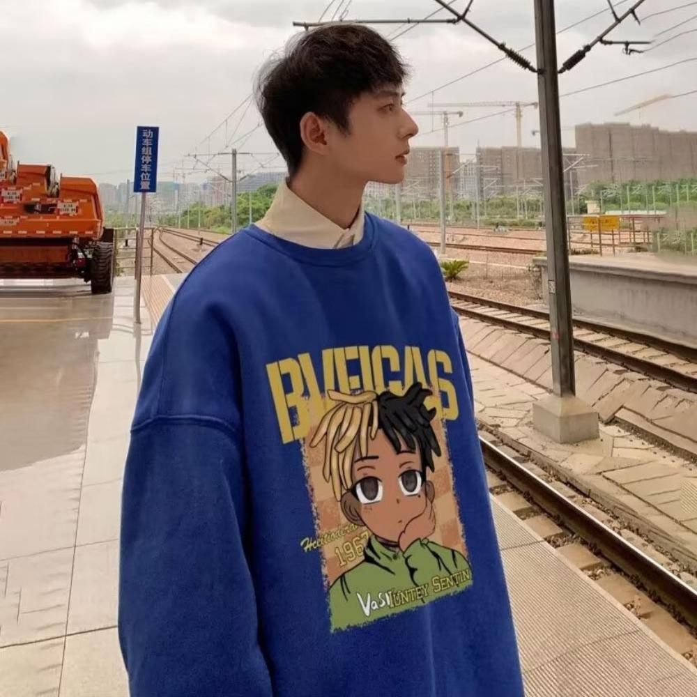 Sweater men's crew neck print cartoon loose trend versatile hip hop, Hong Kong style boys autumn clothes tide
