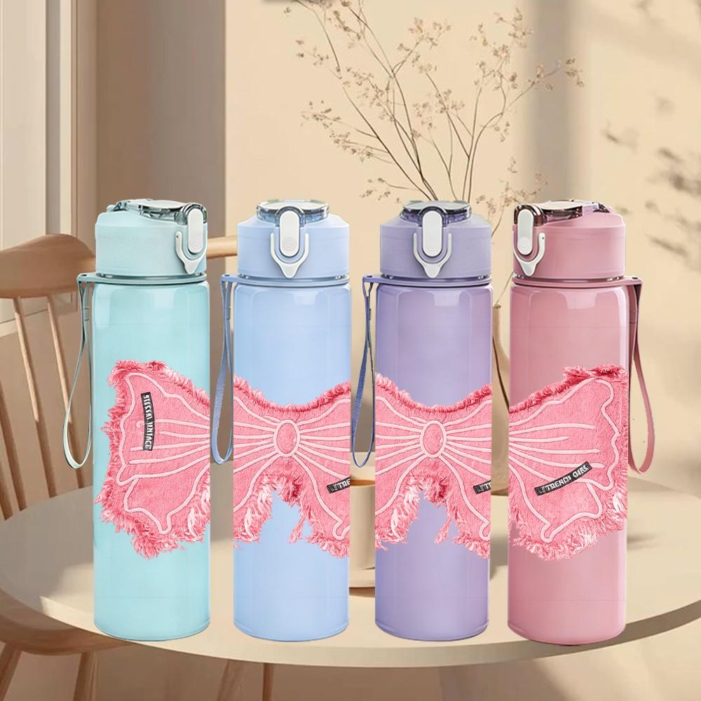1PC Soft Pink Fabric Bow Ribbon Print 750ml Color Plastic Sports Water Bottle Leakproof Flip Straw Lid Suitable for Sports Office Home Use