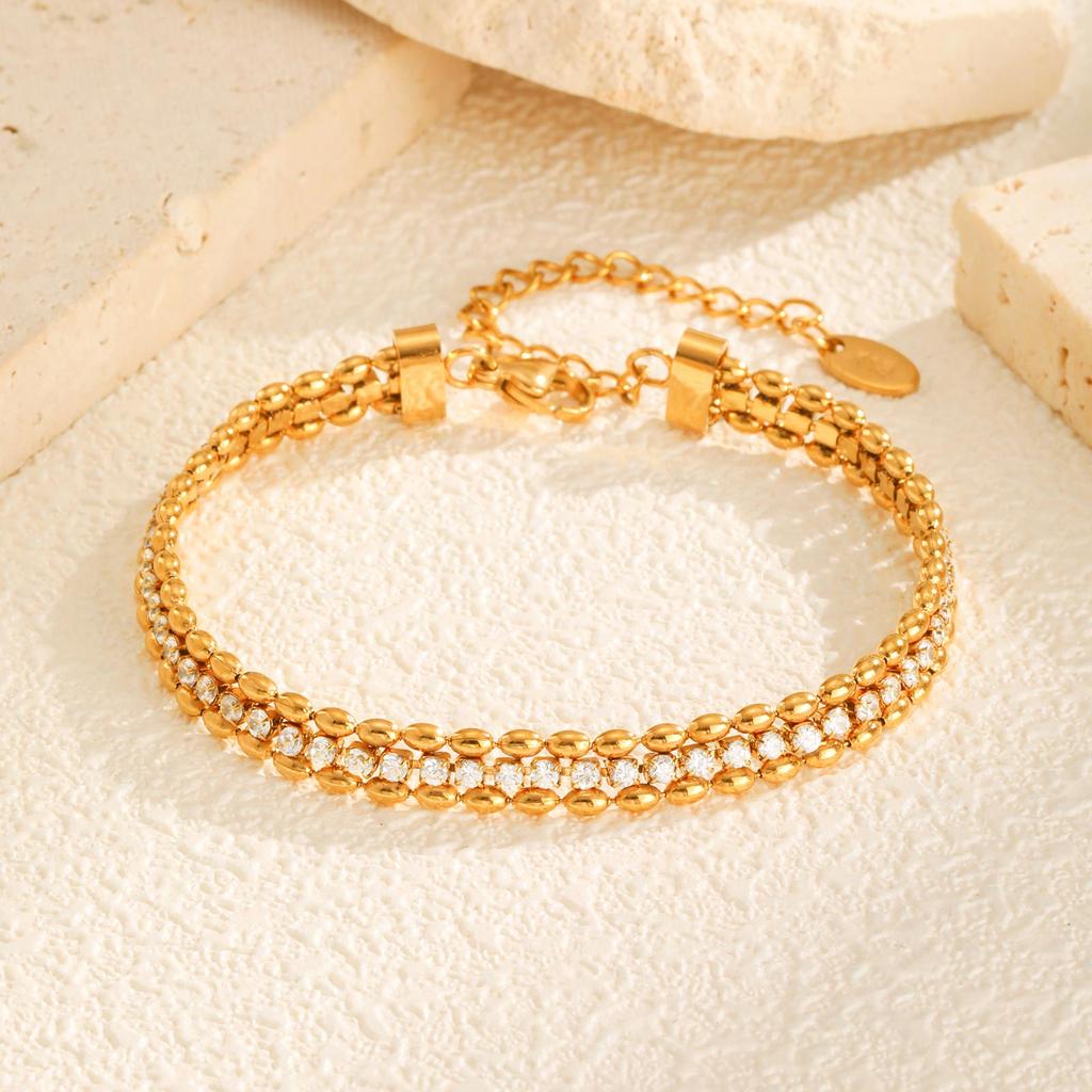 Stainless Steel Double Row Olive Bead White Zircon Bracelet for Women,Gold Color Tennis Chain Bracelets,Classic Jewelry Gifts