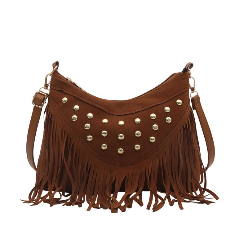Ethnic style matte small bag women's new fashion rivet personalized tassel retro shoulder crossbody dumpling bag