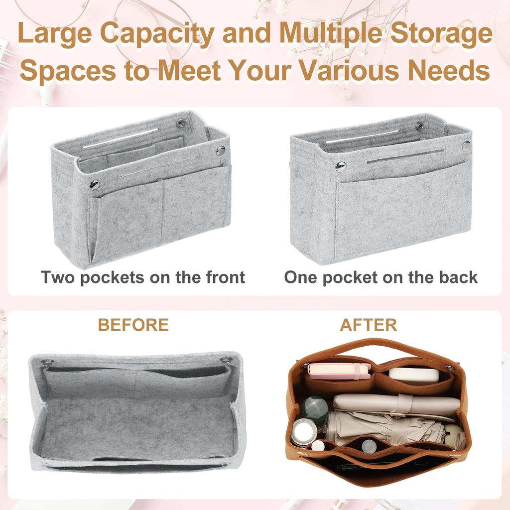 uxcell Bag Organizer Insert, Portable Felt Bag Insert with Snap-on Multifunctional Compartments, Dome Shaper for Satchels, Totes, and Handbags