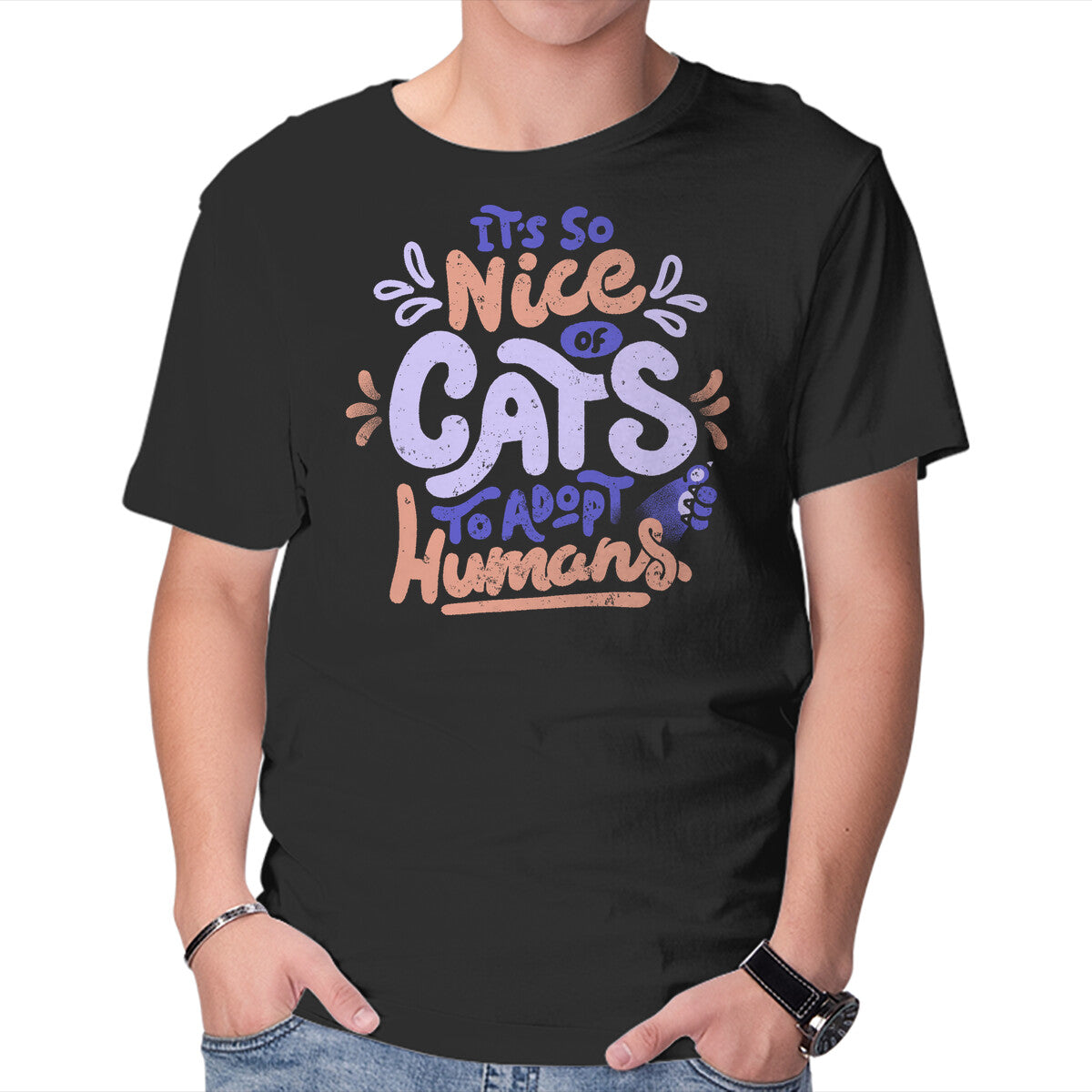 Unisex Crew Neck T-Shirt Cats Adopt Humans Graphic Short Sleeve Casual Tee XXL