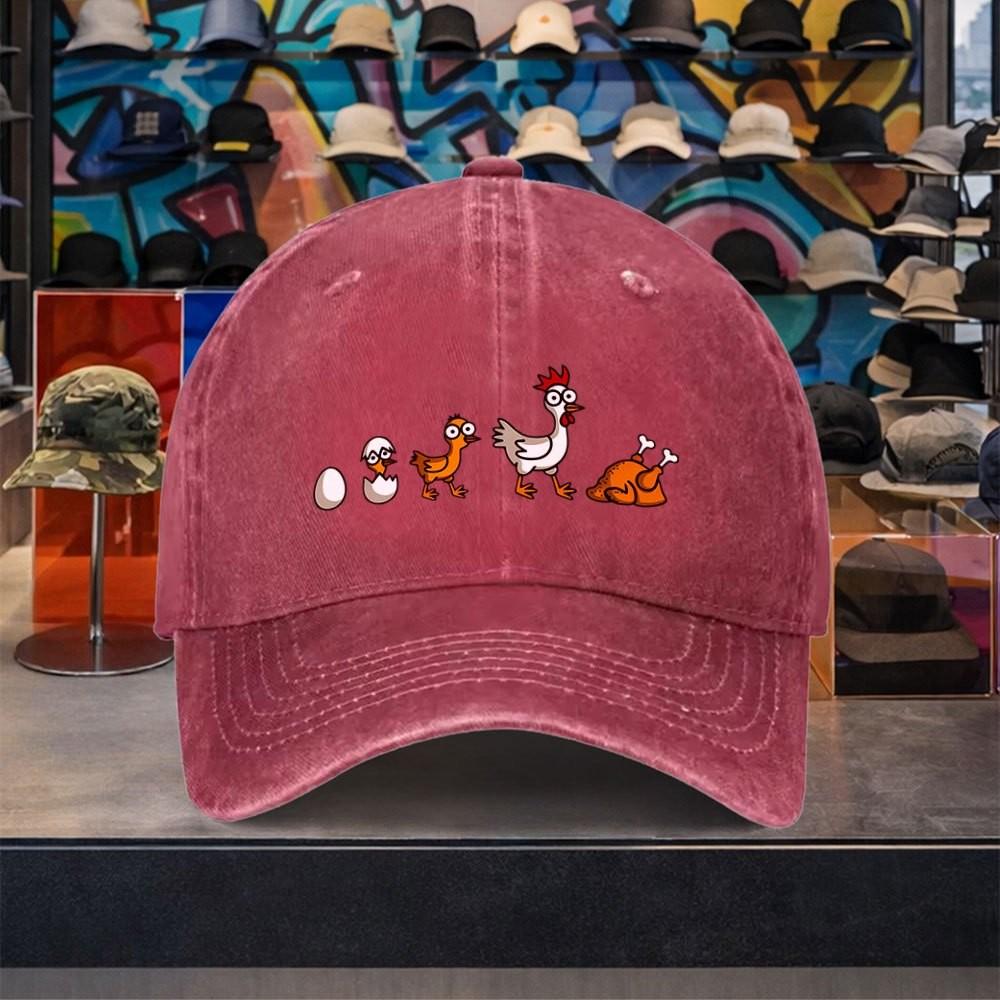 Cartoon Chicken Evolution Baseball Cap Washed Denim Adjustable Outdoor Casual Retro Hat One Size