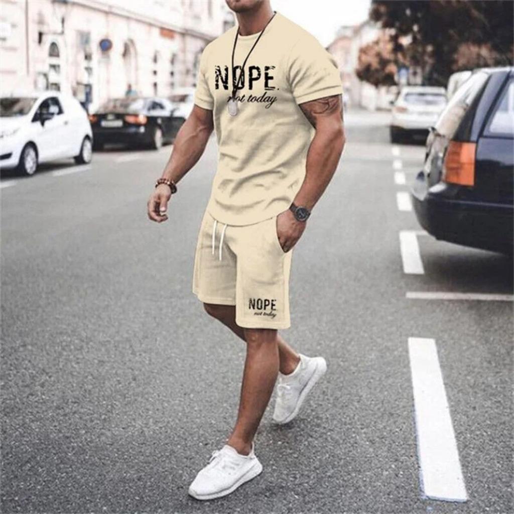 Men's Summer Letter Printed Breathable Round Neck T-shirt Shorts Set Outdoor Quick Drying Casual Clothing