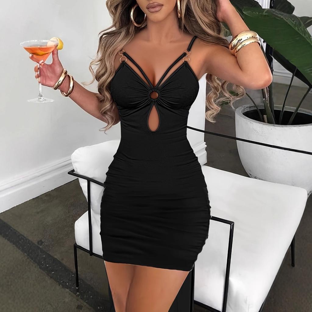 Women's Elegant Sexy Sleeveless V-Neck Cutout Bodycon Slim Fit Party Dress for European American