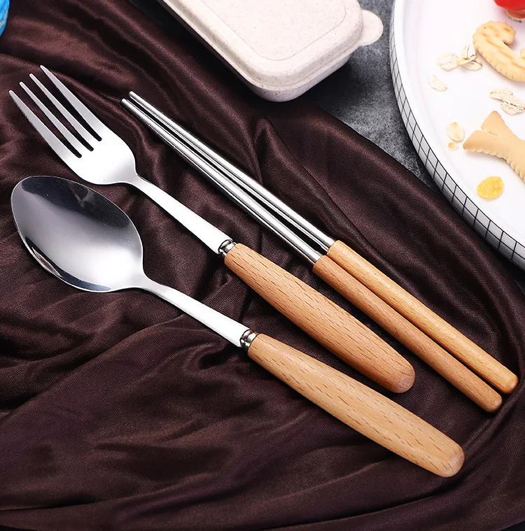 Wooden handle stainless steel tableware three-piece set Chopsticks fork spoon Students outdoor travel gift tableware set