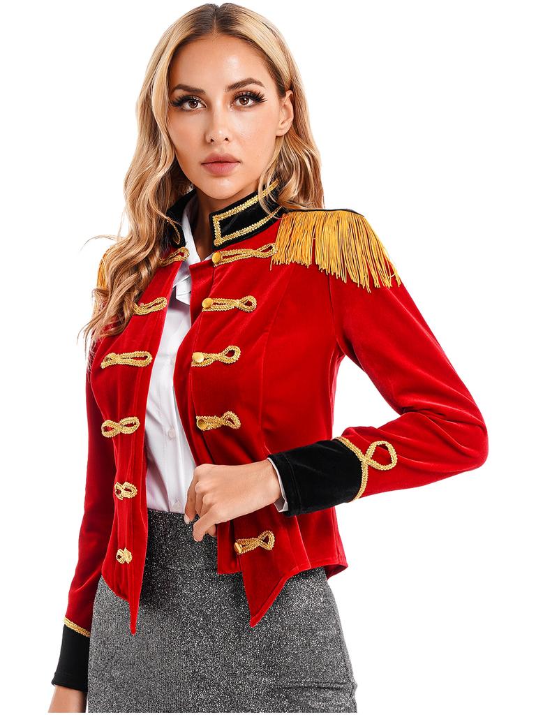 Womens Ringmaster Jacket Stand Collar Design Fringed Shoulder Board Velvet Coat Circus Halloween Costume