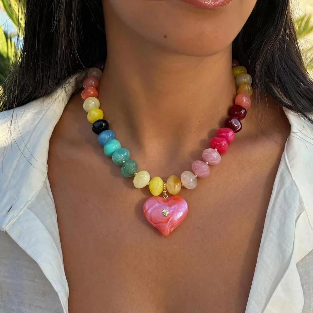 Colorful Beads Pendant Necklace Acrylic Collarbone Chain Chunky Beads Necklace  Jewelry Gifts