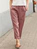 Women Summer Loose Long Pants Comfortable Cotton Linen Trousers Ladies Solid Color Double Pocket Casual Wear